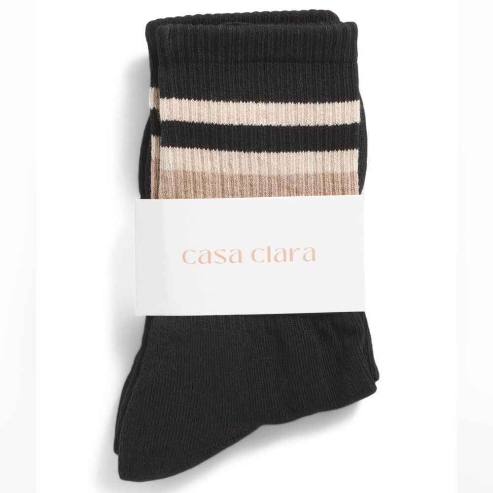 casa clara Lillian Black Taupe Ribbed Varsity Stripe Cotton Blend Crew Socks